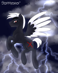 Size: 2000x2500 | Tagged: safe, artist:thepurpah, oc, oc only, oc:stormtrotter, pegasus, pony, cloud, colored wings, flying, high res, lightning, male, outdoors, solo, stallion, two toned wings, wings