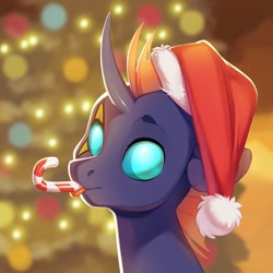 Size: 2000x2000 | Tagged: safe, alternate character, alternate version, artist:vistamage, oc, oc only, oc:spectre phase, changeling, blue changeling, candy, candy cane, changeling oc, christmas, christmas changeling, food, hat, high res, holiday, santa hat, solo