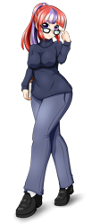 Size: 1280x3113 | Tagged: safe, artist:shadowfaxxx, moondancer, human, g4, clothes, female, glasses, humanized, jeans, pants, shoes, simple background, solo, sweater, transparent background