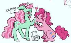Size: 1214x726 | Tagged: safe, artist:spookberry, minty, pinkie pie, earth pony, pony, g3, g4, bandage, blushing, female, first aid kit, floating heart, flustered, g3 to g4, generation leap, heart, hoof kissing, kissing, lesbian, ship:pinkieminty, shipping, unshorn fetlocks