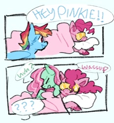 Size: 779x836 | Tagged: safe, artist:spookberry, minty, pinkie pie, rainbow dash, earth pony, pegasus, pony, g3, g4, couple, female, g3 to g4, generation leap, lesbian, meme, pillow, reference, ship:pinkieminty, shipping, sleep mask, sleeping, sleeping together, under blanket, vine video
