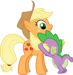 Size: 3000x3082 | Tagged: safe, artist:cloudy glow, applejack, spike, dragon, earth pony, pony, g4, spike at your service, .ai available, applejack's hat, cowboy hat, duo, eyes closed, female, hat, high res, male, mare, simple background, transparent background, vector