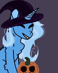 Size: 1649x2048 | Tagged: safe, artist:irldirkstrider, trixie, pony, unicorn, g4, chest fluff, grin, halloween, holiday, jack-o-lantern, nightmare night, pumpkin, smiling, solo