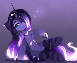 Size: 2432x2001 | Tagged: source needed, safe, artist:magnaluna, princess luna, alicorn, pony, clothes, female, hair over one eye, high res, mare, simple background, socks, solo, striped socks