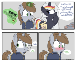 Size: 3522x2830 | Tagged: safe, artist:icey, oc, oc only, oc:littlepip, oc:velvet remedy, pony, unicorn, fallout equestria, bag, blushing, caught, clothes, dialogue, distracted, distracted by the sexy, duo, embarrassed, exclamation point, eyes on the prize, fanfic art, female, fluttershy's cutie mark, glowing, glowing horn, gun, handgun, high res, horn, jumpsuit, lesbian, little macintosh, looking at butt, looking back, magic, mare, revolver, saddle bag, sweat, sweatdrop, talking, telekinesis, vault suit