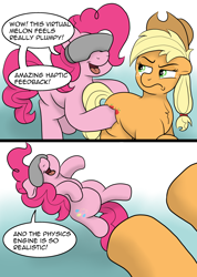 Size: 1992x2804 | Tagged: safe, artist:doodledonutart, applejack, pinkie pie, earth pony, pony, g4, annoyed, applejack is not amused, bucking, butt grab, butt touch, comic, female, grope, mare, unamused, virtual reality