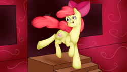 Size: 1920x1080 | Tagged: safe, artist:poofik1, apple bloom, earth pony, pony, g4, female, filly, solo, stairs