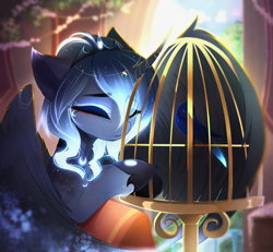 Size: 3716x3428 | Tagged: source needed, safe, artist:magnaluna, princess luna, alicorn, bird, pony, cage, crown, curved horn, cute, ethereal mane, eyes closed, eyeshadow, female, glowing mane, gradient mane, hair over one eye, high res, hoof shoes, horn, horn jewelry, jewelry, makeup, mare, regalia, solo, wings