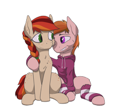 Size: 4500x4000 | Tagged: safe, artist:al solae, oc, oc:ember glow, oc:stuben, earth pony, pony, brother and sister, clothes, female, hoodie, hug, leg warmers, male, siblings, simple background, transparent background