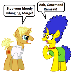 Size: 628x626 | Tagged: safe, artist:vgc2001, gourmand ramsay, pony, unicorn, g4, angry, chef ramsay, comic, dream, female, fire, gordon ramsay, male, mare, marge simpson, ponified, reference, stallion, surprised, the simpsons