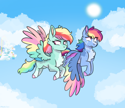 Size: 2356x2048 | Tagged: safe, artist:moccabliss, rainbow dash, oc, oc:cloud spirit, pegasus, pony, g4, female, high res, mare, mother and child, mother and daughter, offspring, parent:rainbow dash, parent:zephyr breeze, parents:zephdash