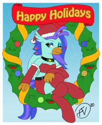 Size: 1676x2048 | Tagged: safe, artist:flawlessvictory20, oc, oc only, oc:sea lilly, hippogriff, bell, christmas, clothes, collar, commission, costume, crossed legs, hat, heart, holiday, one eye closed, santa costume, santa hat, socks, wink, wreath, ych result