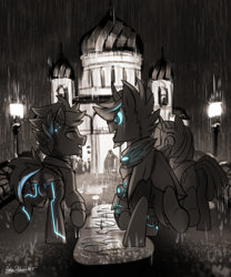 Size: 2500x3000 | Tagged: safe, artist:jedayskayvoker, oc, oc:dry land, oc:glow speed, oc:vibrant star, alicorn, earth pony, pony, unicorn, cape, clothes, colored, full color, high res, hoodie, looking at each other, looking at someone, monochrome, neon, rain, sketch