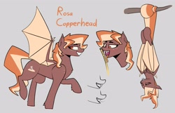 Size: 4096x2631 | Tagged: safe, artist:renderpoint, oc, oc only, oc:rosa copperhead, bat pony, pony, bat pony oc, fangs, forked tongue, hanging by tail, long tongue, slit pupils, solo, tongue out, tree branch