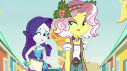 Size: 800x450 | Tagged: safe, screencap, rarity, vignette valencia, equestria girls, equestria girls series, g4, rollercoaster of friendship, animated, cellphone, duo, duo female, female, flower, flower in hair, folder, gif, notebook, phone, rarity peplum dress, smartphone, smiling, walking