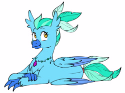 Size: 4360x3264 | Tagged: safe, artist:chub-wub, oc, oc only, oc:diamond glitz, classical hippogriff, hippogriff, fanfic:set sail, crossed arms, female, folded wings, lying down, ponytail, simple background, smiling, solo, wings