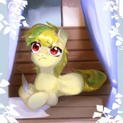 Size: 2048x2048 | Tagged: safe, artist:timgsan, oc, oc only, oc:sylvan melody, earth pony, pony, curtains, high res, indoors, quill, solo, thinking, wooden floor, writing