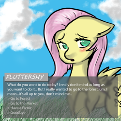 Size: 500x500 | Tagged: safe, artist:pandarainbow, fluttershy, pegasus, pony, g4, blushing, bronybait, female, grass, solo, talking to viewer, text, visual novel