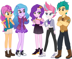 Size: 1024x839 | Tagged: safe, artist:emeraldblast63, hitch trailblazer, izzy moonbow, pipp petals, sunny starscout, zipp storm, equestria girls, g4, g5, my little pony: a new generation, converse, crossed arms, equestria girls-ified, female, g5 to equestria girls, g5 to g4, generation leap, grin, hand on hip, male, mane five, phone, shoes, smiling