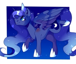 Size: 2048x1735 | Tagged: safe, artist:tessa_key_, princess luna, alicorn, pony, g4, cute, ear fluff, ethereal mane, female, hoof shoes, horn, jewelry, lunabetes, mare, raised hoof, smiling, solo, spread wings, starry mane, tiara, wings