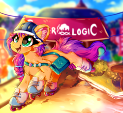 Size: 2000x1837 | Tagged: safe, artist:woonborg, derpibooru exclusive, sunny starscout, earth pony, pony, g5, my little pony: a new generation, bag, blurry background, cheek fluff, chest fluff, city, cloud, cute, day, ear fluff, eyelashes, fluffy, fullshade, gonna be my day, grass, happy, helmet, hoof fluff, open mouth, open smile, pins, roller skates, shoulder fluff, sky, smiling, solo, sun, sunnybetes