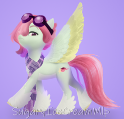 Size: 1158x1108 | Tagged: safe, artist:sugaryicecreammlp, oc, oc only, oc:celestial star, pegasus, pony, clothes, female, goggles, mare, purple background, scarf, simple background, solo