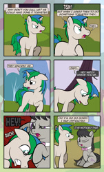 Size: 1920x3169 | Tagged: safe, artist:alexdti, octavia melody, oc, oc:star logic, earth pony, pony, unicorn, comic:quest for friendship, g4, angry, bipedal, comic, crying, dialogue, duo, eye contact, female, floppy ears, green eyes, gritted teeth, hoof on chest, horn, looking at each other, looking down, male, mare, misspelling, one eye closed, open mouth, outdoors, purple eyes, raised hoof, shadow, sitting, speech bubble, stallion, starry eyes, tail, teary eyes, two toned mane, two toned tail, unicorn oc, walking, wingding eyes