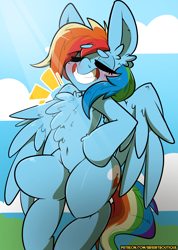Size: 2227x3134 | Tagged: safe, artist:bbsartboutique, rainbow dash, pegasus, pony, g4, bipedal, blushing, chest fluff, ear fluff, eyes closed, grin, high res, smiling, solo, thighs