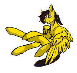 Size: 2692x2551 | Tagged: safe, artist:embro, artist:olkategrin, oc, oc only, oc:lemon box, pegasus, pony, 2022 community collab, derpibooru community collaboration, blue eyes, blue hair, brown hair, colored, digital art, ear fluff, eyebrows, high res, looking away, male, ponytail, simple background, sitting, solo, spread wings, stallion, transparent background, wings