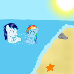 Size: 720x720 | Tagged: safe, artist:mlplary6, rainbow dash, soarin', pegasus, pony, g4, ^^, boyfriend and girlfriend, eyes closed, female, male, ship:soarindash, shipping, splashing, straight, sun, water