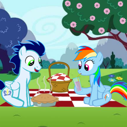 Size: 720x720 | Tagged: safe, artist:mlplary6, rainbow dash, soarin', pegasus, pony, g4, backwards cutie mark, basket, boyfriend and girlfriend, female, food, male, picnic basket, picnic blanket, pie, ship:soarindash, shipping, stallion, straight