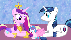 Size: 1280x720 | Tagged: safe, artist:mlplary6, princess cadance, princess flurry heart, shining armor, alicorn, pony, unicorn, g4, baby, father and child, father and daughter, female, filly, foal, husband, husband and wife, male, mare, married couple, mother and child, mother and daughter, ship:shiningcadance, shipping, sitting, smiling, stallion, straight, wife