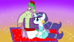 Size: 720x405 | Tagged: safe, artist:mlplary6, rarity, spike, dragon, pony, unicorn, g4, aladdin, clothes, cosplay, costume, disney, female, gigachad spike, male, older, older spike, ship:sparity, shipping, straight, winged spike, wings