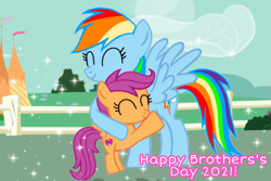 Size: 1075x720 | Tagged: safe, artist:mlplary6, rainbow dash, scootaloo, pegasus, pony, g4, ^^, brothersday, eyes closed, female, filly, hug, siblings, sisters