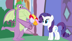 Size: 1280x720 | Tagged: safe, artist:mlplary6, rarity, spike, dragon, pony, unicorn, g4, blushing, bouquet of flowers, female, gigachad spike, male, older, older spike, ship:sparity, shipping, straight, winged spike, wings
