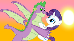 Size: 1280x720 | Tagged: safe, artist:mlplary6, rarity, spike, dragon, pony, unicorn, g4, female, gigachad spike, male, older, older spike, ship:sparity, shipping, straight, winged spike, wings