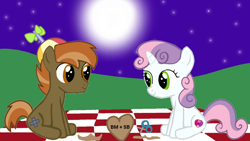 Size: 1280x720 | Tagged: safe, artist:mlplary6, button mash, sweetie belle, earth pony, pony, unicorn, g4, colt, duo, duo male and female, female, filly, hat, looking at each other, looking at someone, male, night, picnic blanket, propeller hat, ship:sweetiemash, shipping, straight