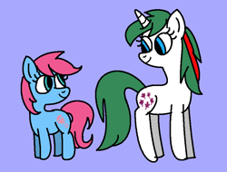 Size: 814x618 | Tagged: safe, artist:bimbotheclown589, baby cuddles, gusty, earth pony, pony, unicorn, g1, g4, baby cuddles being a tomboy, cuddlebetes, cute, duo, female, filly, g1 to g4, generation leap, gusty being a tomboy, gustybetes, lavender background, mare, nancy cartwright, simple background, smiling, tomboy, voice actor joke