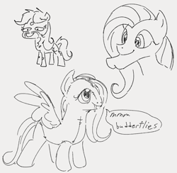 Size: 776x756 | Tagged: safe, artist:dotkwa, fluttershy, oc, oc:dotmare, earth pony, pegasus, pony, g4, chin, cleft chin, female, grayscale, mare, monochrome, plushie, sketch, smiling