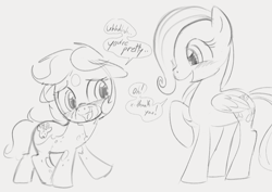 Size: 1108x785 | Tagged: safe, artist:dotkwa, fluttershy, oc, oc:dotmare, earth pony, pegasus, pony, g4, blushing, canon x oc, dialogue, female, filly, filly fluttershy, floppy ears, grayscale, lesbian, monochrome, shipping, shy, sketch, younger