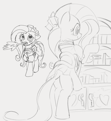 Size: 1118x1222 | Tagged: safe, artist:dotkwa, fluttershy, pegasus, pony, g4, bipedal, bipedal leaning, blushing, butt, clothes, duster, female, floppy ears, flutterbutt, fluttermaid, grayscale, leaning, maid, mare, monochrome, mouth hold, plot, saddle, sketch, smiling, solo, tack