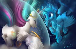 Size: 4038x2600 | Tagged: safe, artist:auroriia, nightmare moon, princess celestia, princess luna, alicorn, pony, g4, crown, duo, female, flying, force field, high res, horn, horns are touching, jewelry, mare, open mouth, regalia, royal sisters, siblings, sisters, spread wings, windswept mane, wings