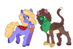 Size: 1200x800 | Tagged: safe, artist:valkiria, oc, oc only, oc:bitzy berry, oc:frizz, changedling, changeling, changepony, griffon, hybrid, cat ears, changedling oc, changeling oc, chest fluff, duo, female, griffon oc, looking at each other, looking at someone, male, one eye closed, raised leg, simple background, trans male, transgender, transparent background, wink