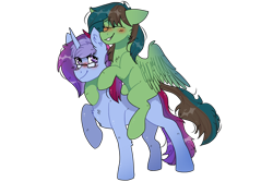 Size: 1200x800 | Tagged: safe, artist:valkiria, oc, oc only, oc:gusty longbow evergreen, oc:marquis majordome, oc:marquise soubrette, oc:windy barebow evergreen, pegasus, pony, unicorn, blushing, chest fluff, duo, eyes closed, female, glasses, grin, male, mare, multicolored hair, ponies riding ponies, raised hoof, riding, rule 63, simple background, smiling, stallion, transparent background