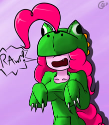 Size: 1280x1463 | Tagged: safe, artist:genericmlp, pinkie pie, earth pony, anthro, g4, breasts, clothes, costume, dinosaur costume, female, mare, rawr, signature, solo