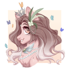 Size: 3000x3200 | Tagged: safe, artist:avroras_world, oc, oc only, butterfly, earth pony, pony, bust, commission, crown, earth pony oc, female, flower, flower in hair, high res, jewelry, looking away, mare, regalia, simple background, smiling, solo, white background