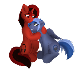 Size: 5195x4718 | Tagged: safe, artist:flapstune, oc, oc only, oc:flaps tune, oc:pixi feather, 2022 community collab, derpibooru community collaboration, cutie mark, hug, looking at each other, simple background, sitting, smiling, transparent background, wings