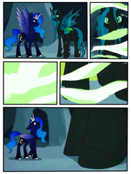 Size: 3000x4000 | Tagged: safe, artist:smallhorses, princess luna, queen chrysalis, alicorn, changeling, changeling queen, pony, comic:a hive on the moon, g4, comic, female, g/t, giantess, growth, gt, macro, redesign, size difference, tiny