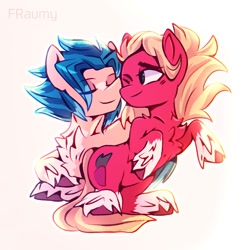 Size: 1500x1500 | Tagged: safe, artist:fraumflug, hitch trailblazer, sprout cloverleaf, earth pony, pony, g5, my little pony: a new generation, chest fluff, duo, eyebrows, eyebrows visible through hair, gay, male, nose to nose, ship:clovertrail, shipping, shoulder fluff, signature, simple background, stallion, unshorn fetlocks, white background, windswept mane