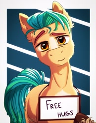 Size: 1592x2048 | Tagged: safe, artist:ajax, hitch trailblazer, earth pony, pony, g5, my little pony: a new generation, free hugs, holding sign, looking at you, male, sign, solo, stallion